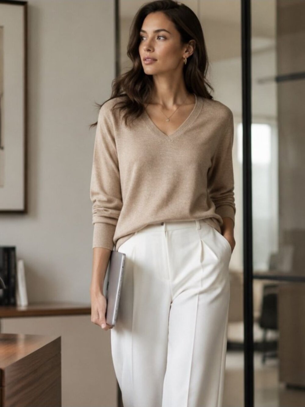 Lord & Taylor Merino Wool Sweater Beige V-Neck Size M Minimalist Classic